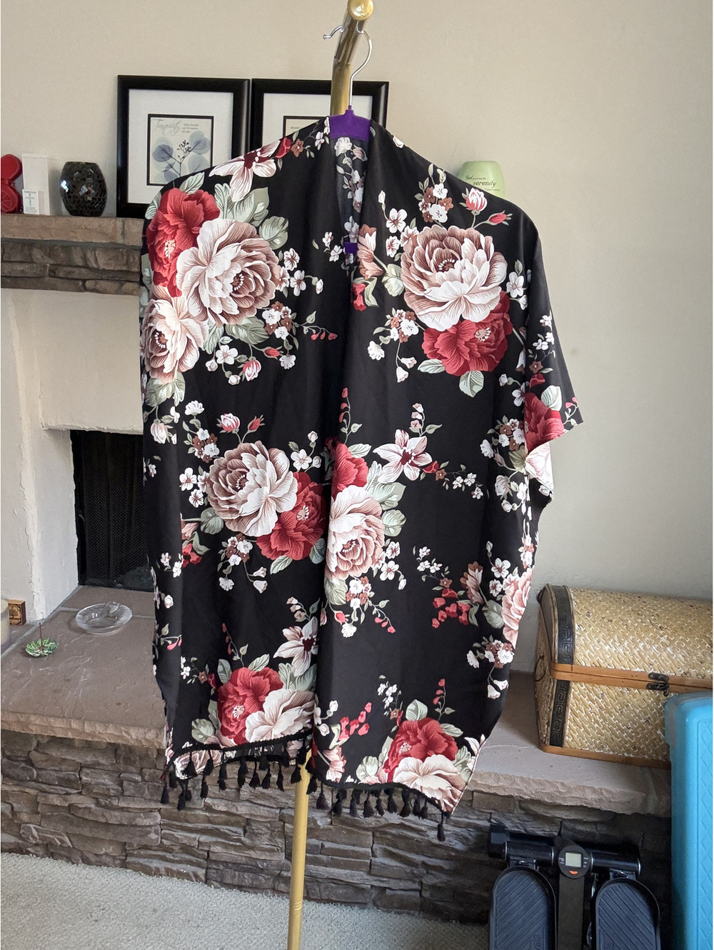No label Black satin fringed festival kimono/cardigan with pink, One Size